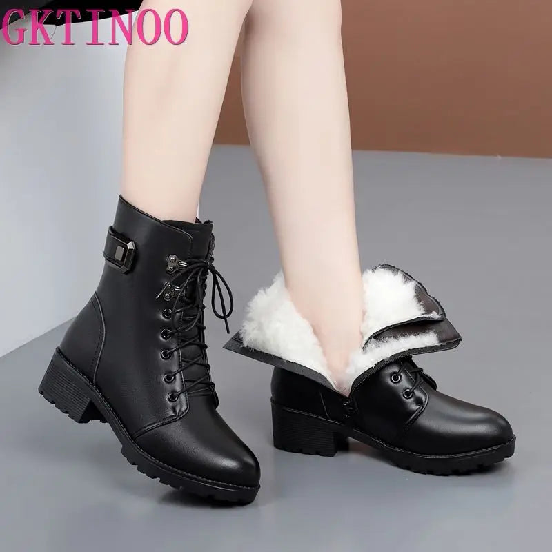 Bottes Hiver Femme Cuir Véritable - Fourrure Chaude Imperméable | GKTINOO